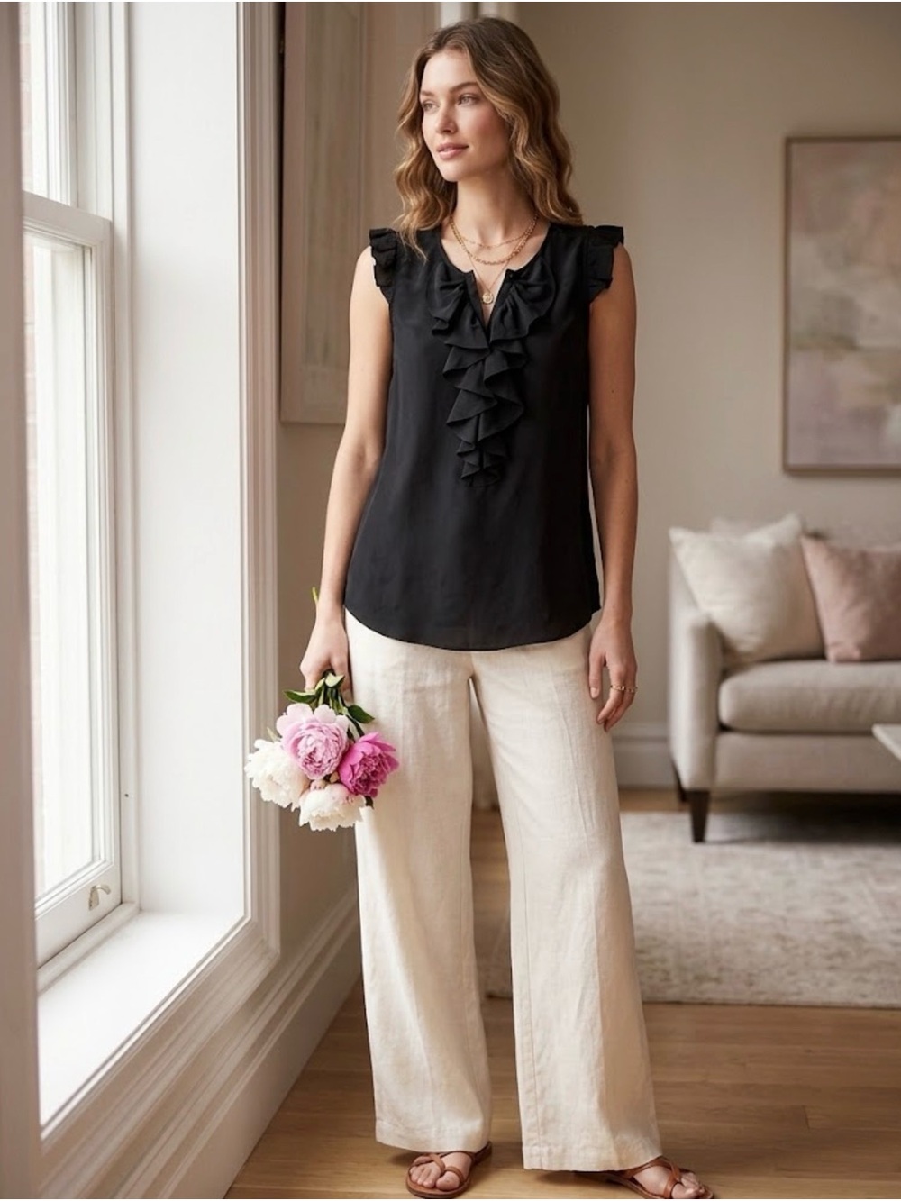 Maeve Black 100% Silk Ruffled V-Neck Top Romantic Feminine Chic Blouse Sz 8